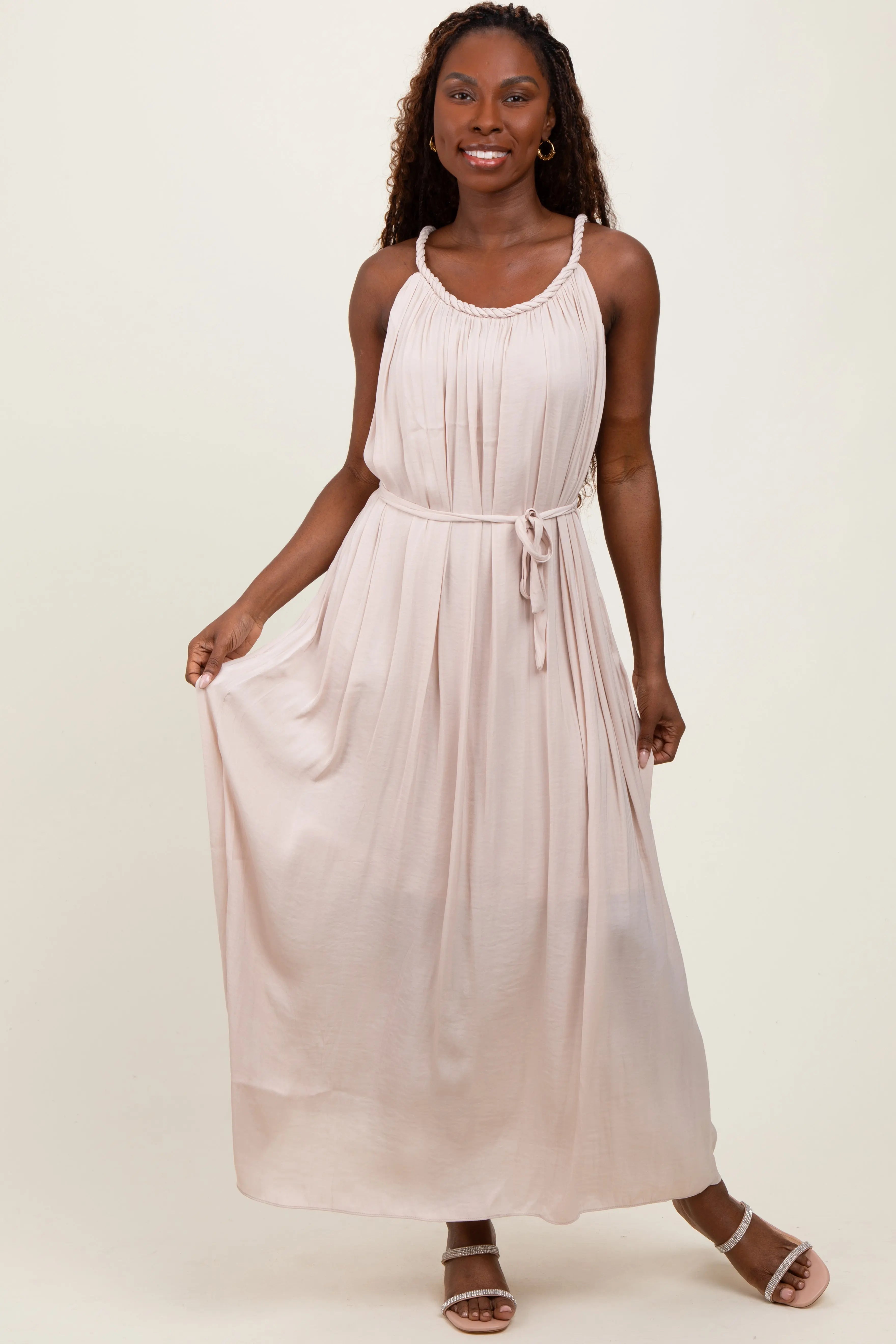 Cream Braided Neckline Maxi Dress PinkBlush