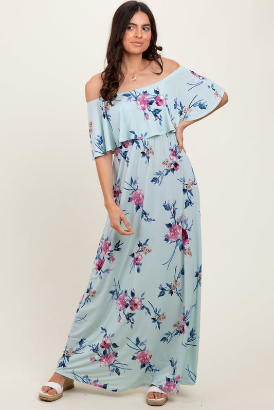 PinkBlush Mint Off Shoulder Floral Ruffle Maxi Dress - Main Product Image