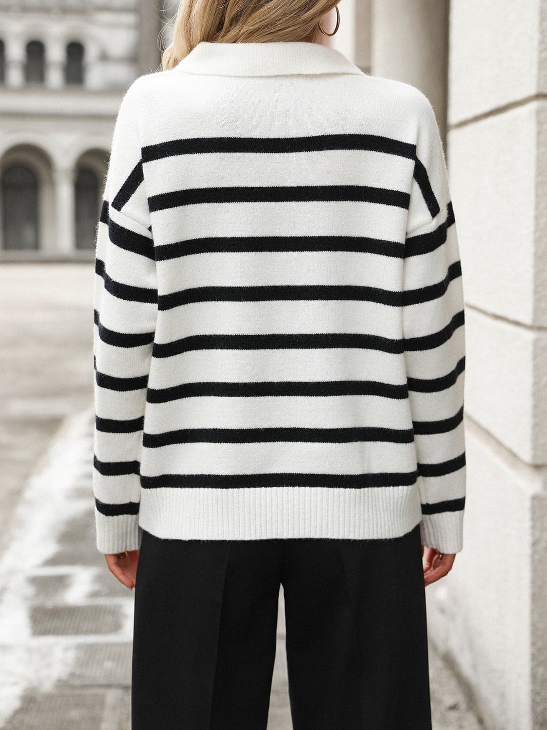 Striped Johnny Collar Long Sleeve Sweater.