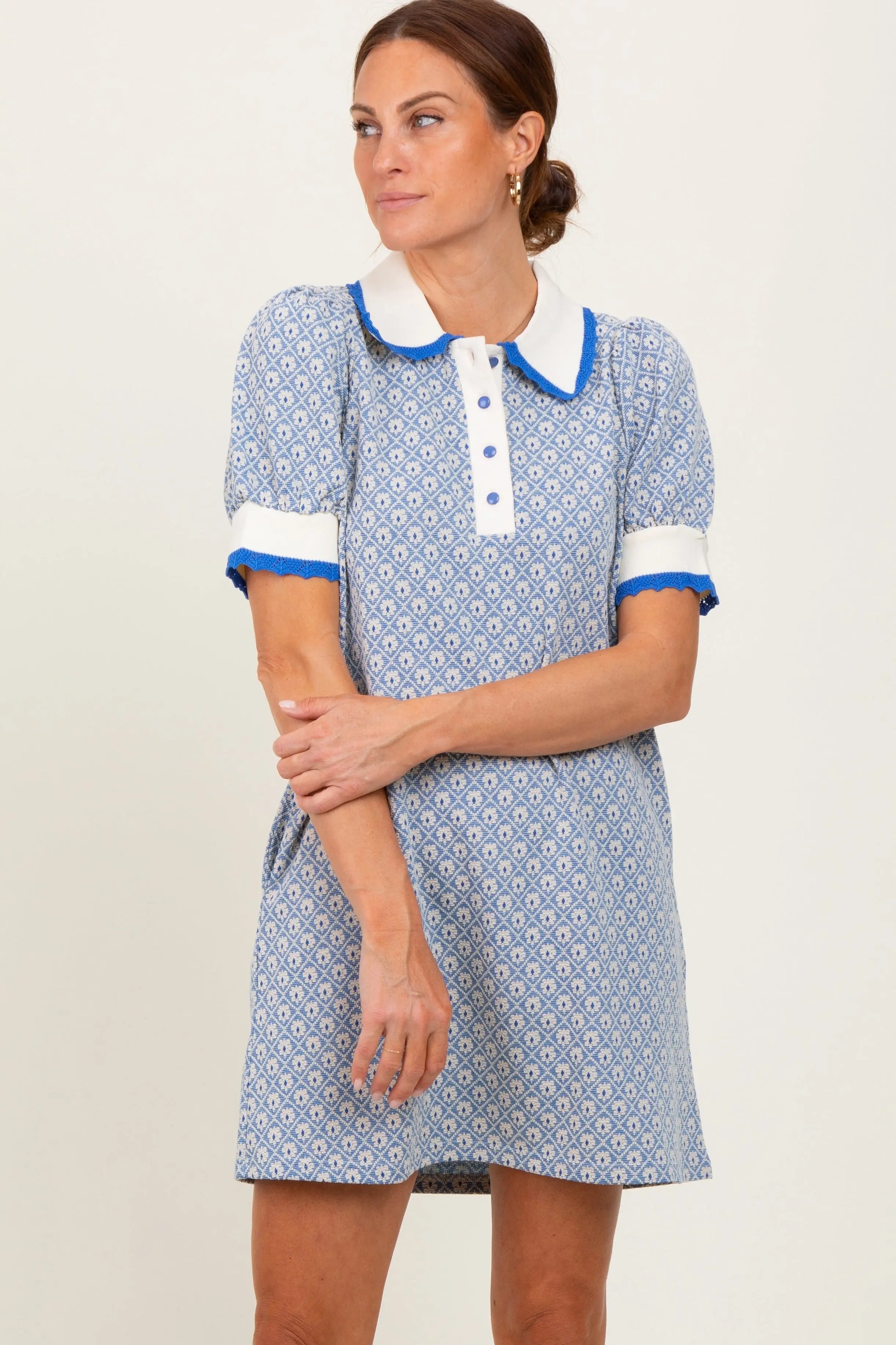 Blue Diamond Print Crochet Trim Polo Dress PinkBlush