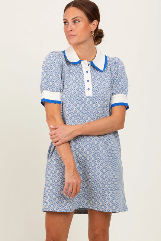 Blue Diamond Print Crochet Trim Polo Dress PinkBlush