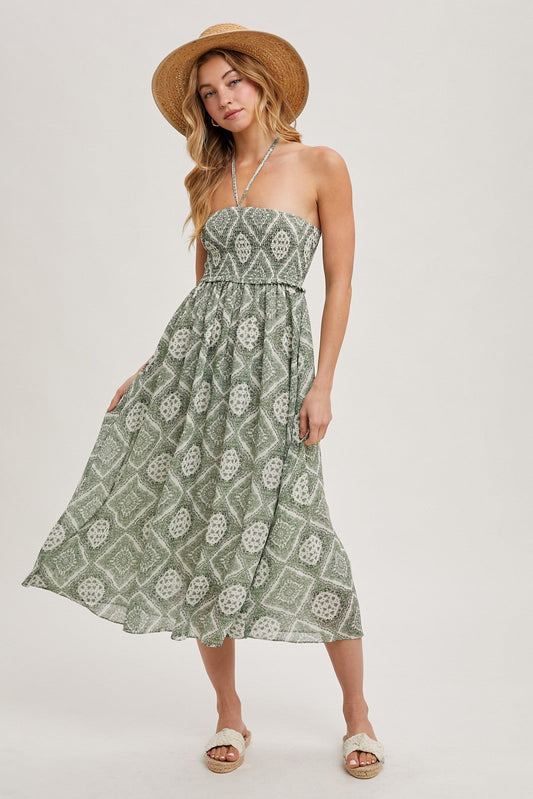 PinkBlush Green Printed Smocked Halter Midi Dress - Main Product Image