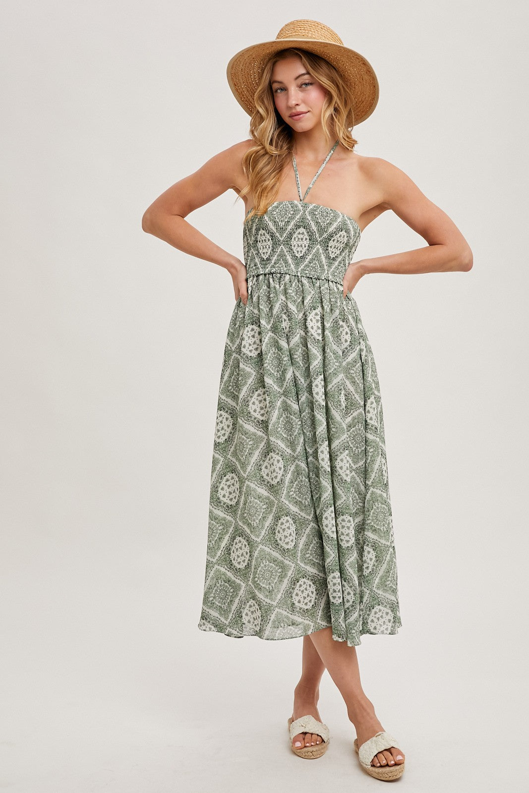 PinkBlush Green Printed Smocked Halter Midi Dress - Alternate Angle