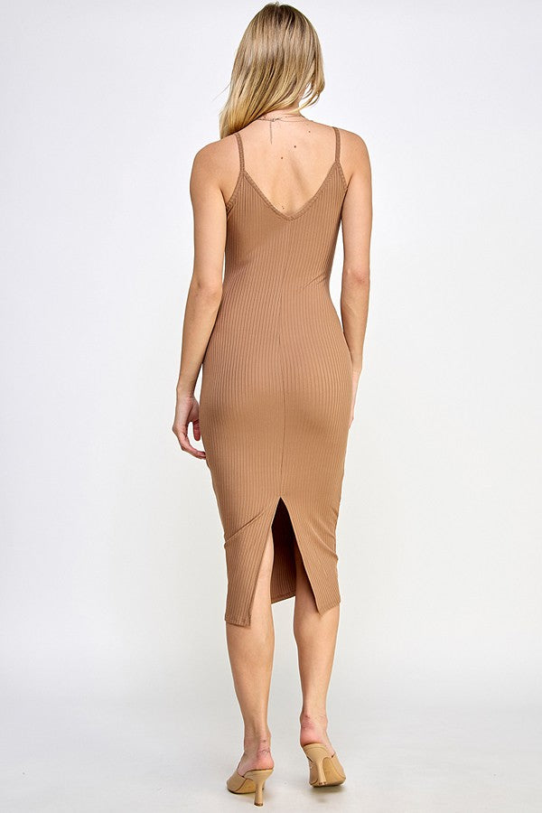 PinkBlush taupe ribbed cami dress close-up showing textured ribbed fabric detail
