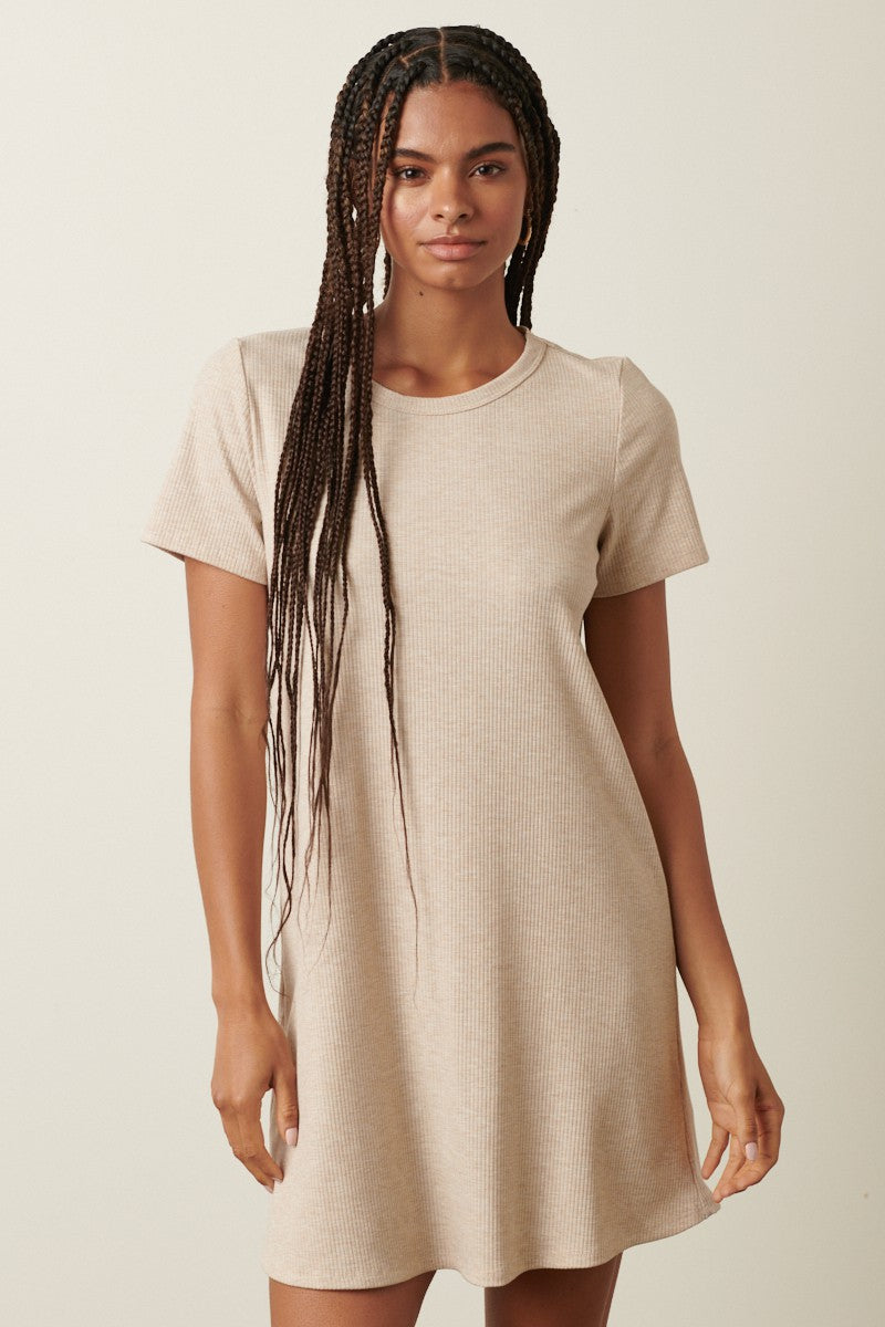 Beige Ribbed Knit Basic Short Sleeve T-Shirt Dress PinkBlush