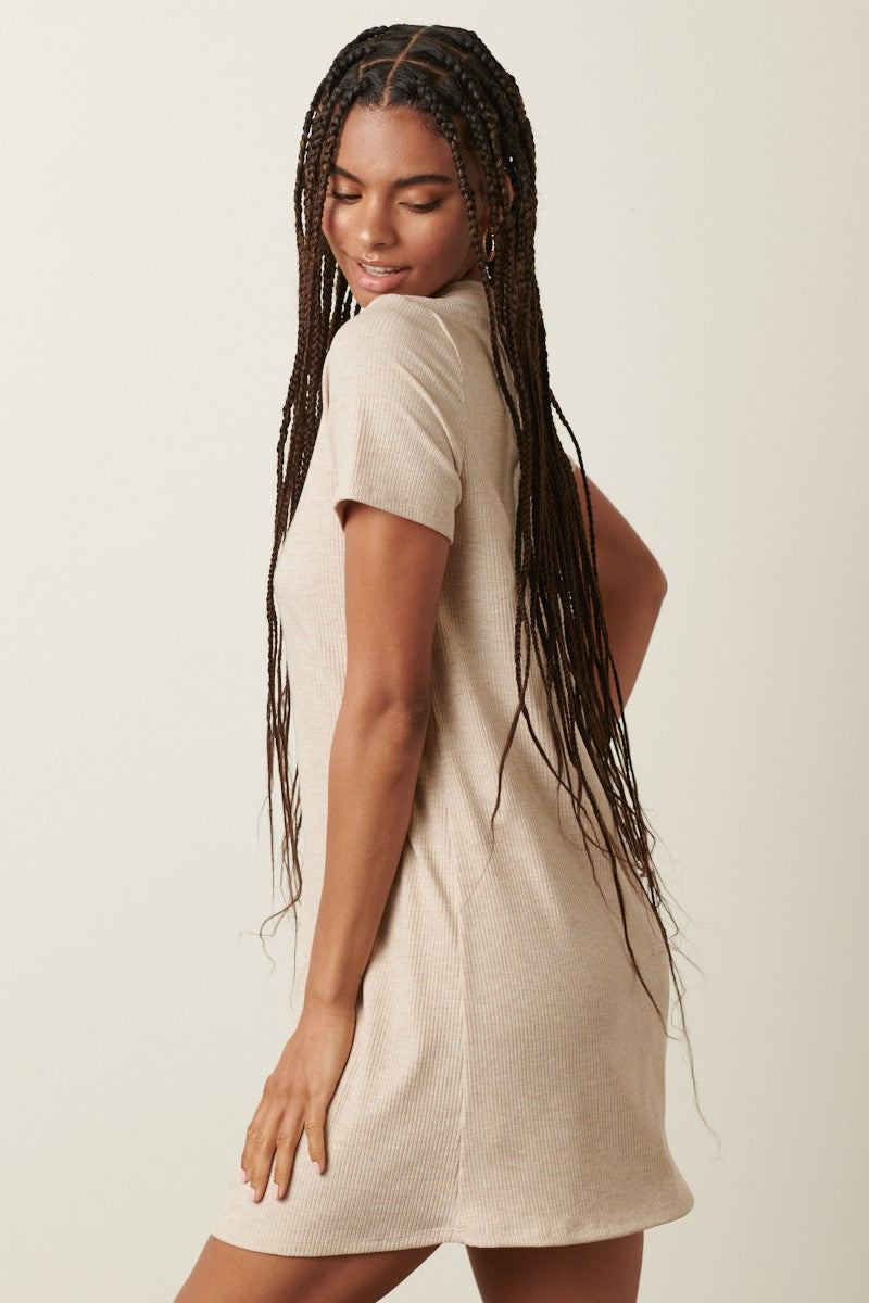 Beige Ribbed Knit Basic Short Sleeve T-Shirt Dress PinkBlush