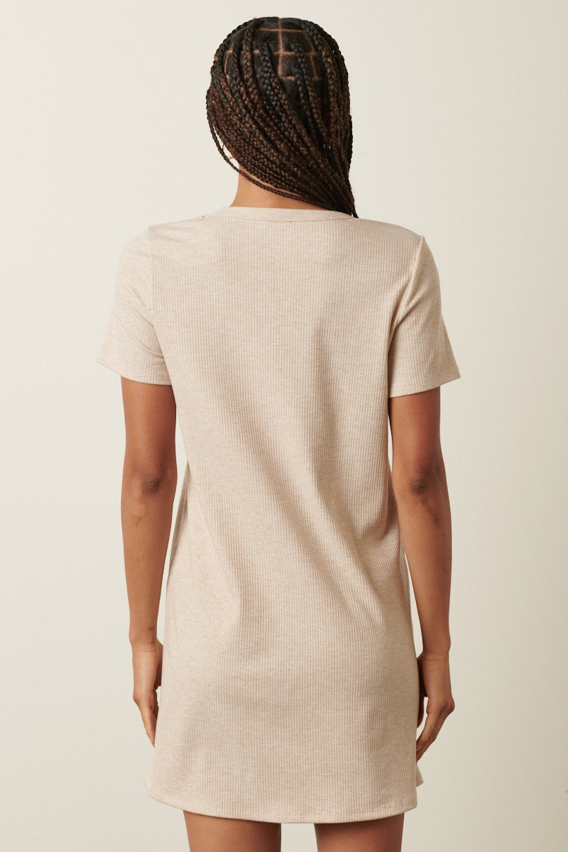 Beige Ribbed Knit Basic Short Sleeve T-Shirt Dress PinkBlush