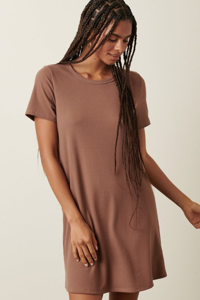Brown Ribbed Knit Basic Short Sleeve T-Shirt Dress PinkBlush
