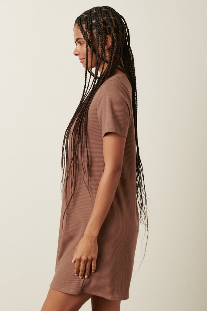 Brown Ribbed Knit Basic Short Sleeve T-Shirt Dress PinkBlush