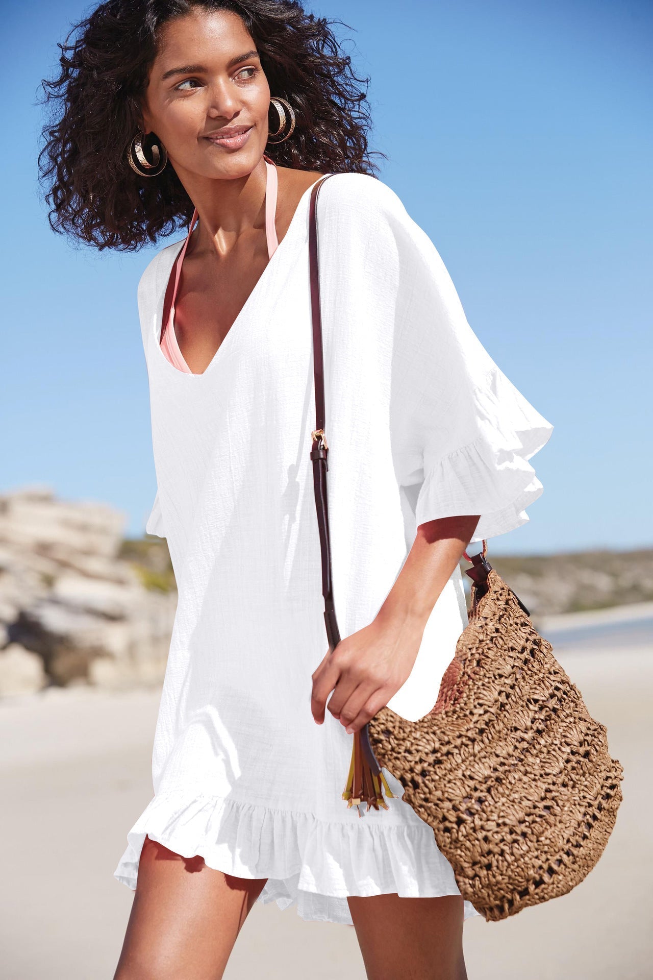 Slub Cotton V Neck Bikini Cover Up Beach Cover Up Vacation Swimsuit outside Overclothes Women Sun Protection Bella Mia