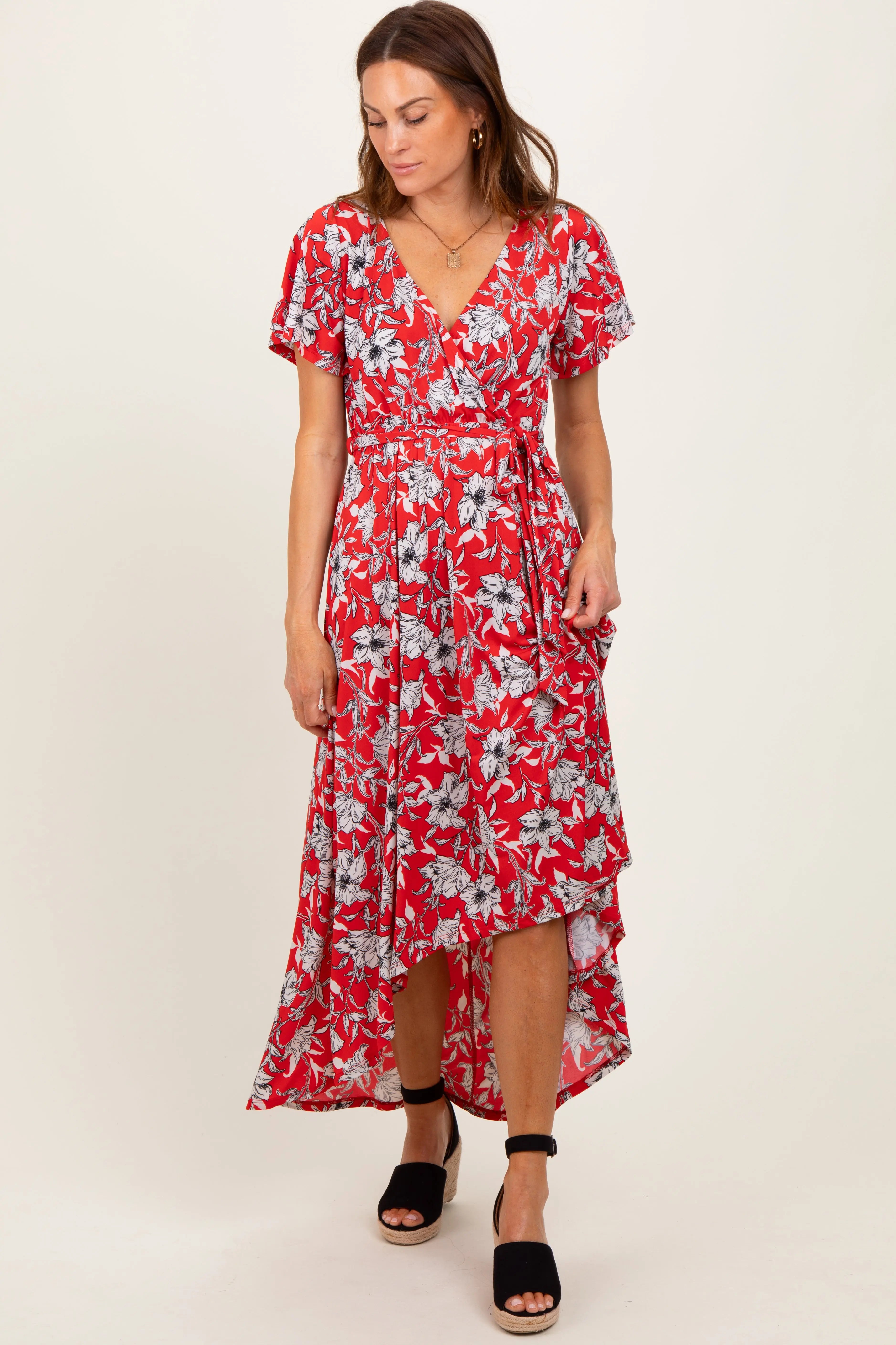 Red Floral Sash Tie Wrap Hi-Low Dress PinkBlush