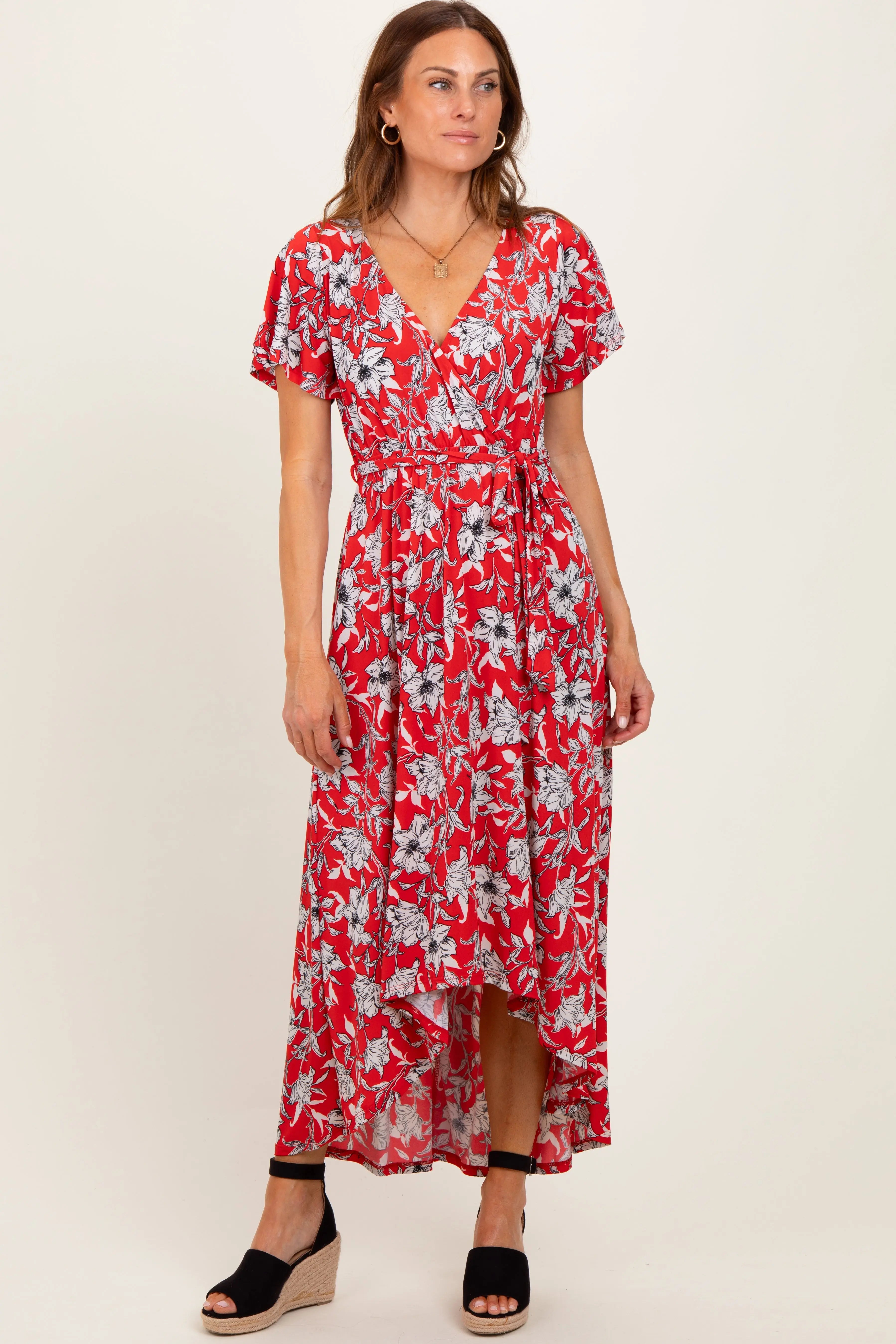 Red Floral Sash Tie Wrap Hi-Low Dress PinkBlush