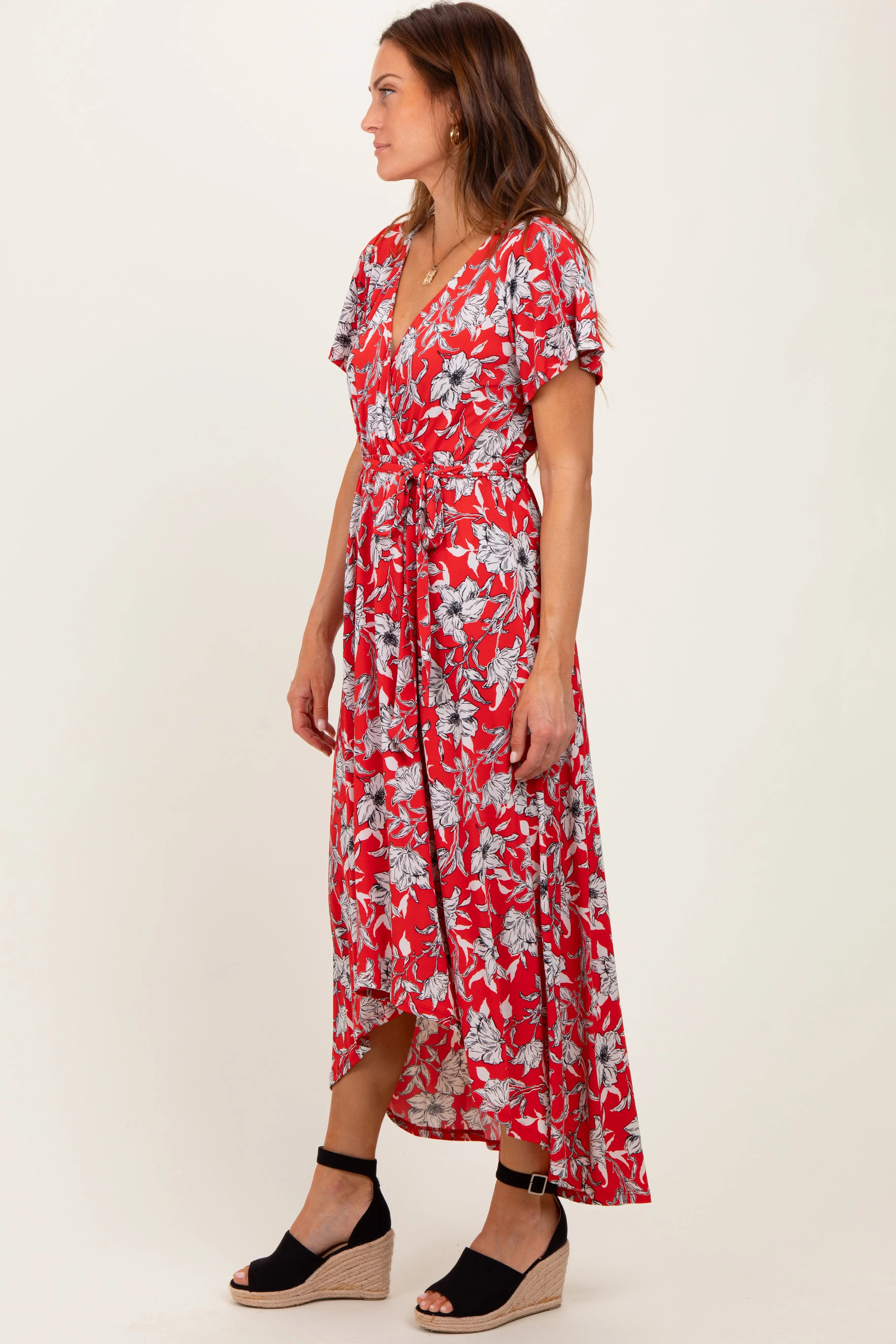 Red Floral Sash Tie Wrap Hi-Low Dress PinkBlush