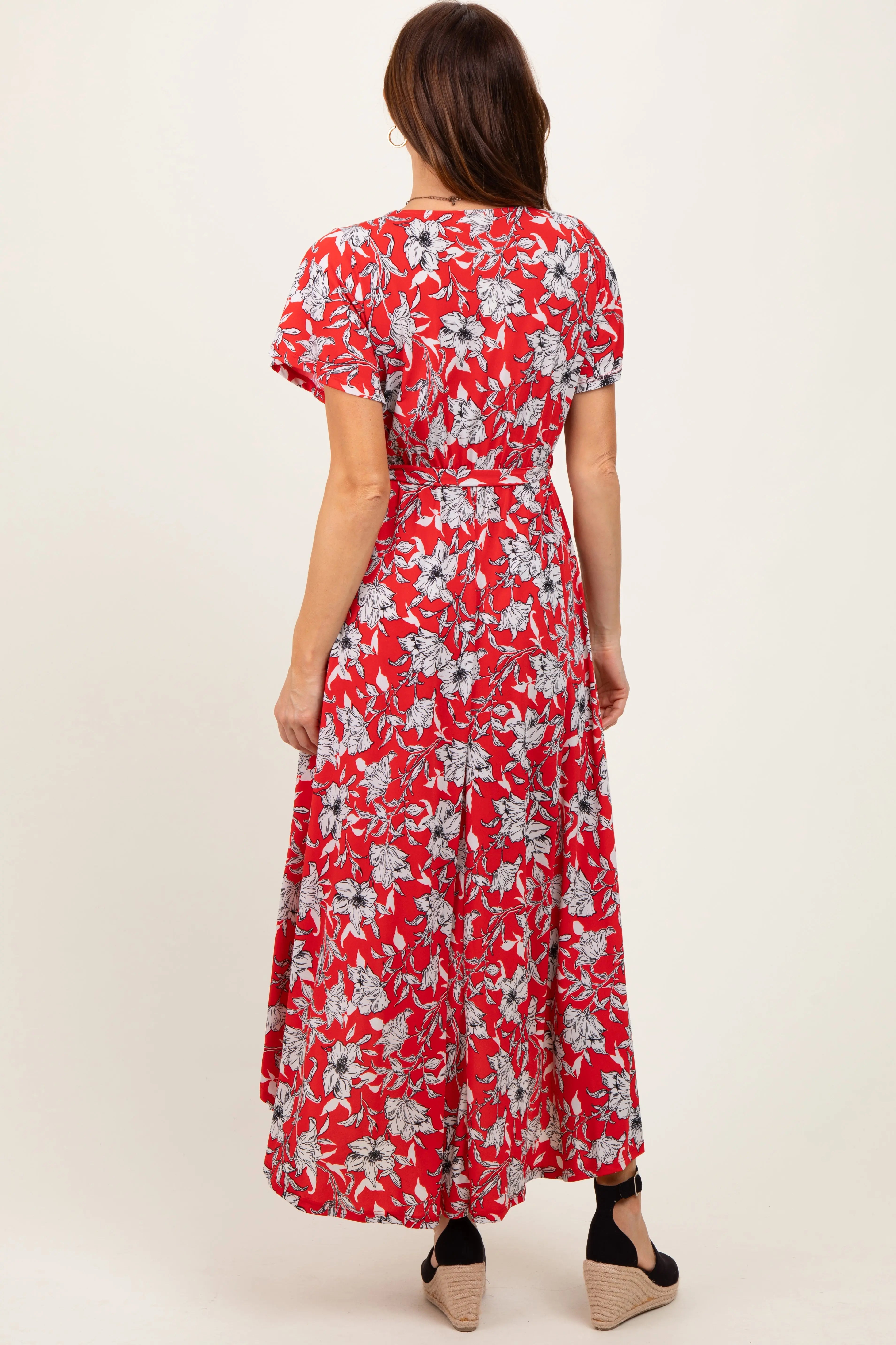 Red Floral Sash Tie Wrap Hi-Low Dress PinkBlush