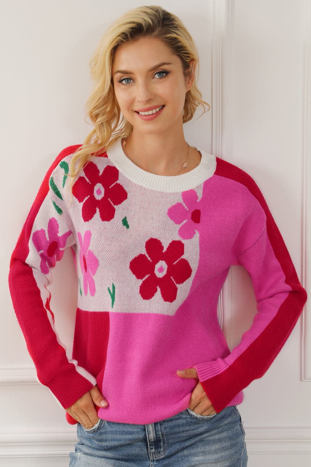 Floral Round Neck Dropped Shoulder Sweater.