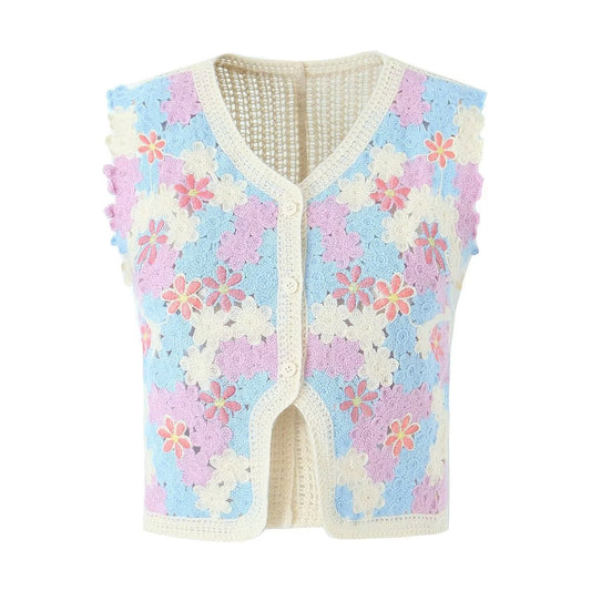 Women Retro Thailand Holiday Floral Vest Cardigan Top Casual All Matching Graceful Bella Mia