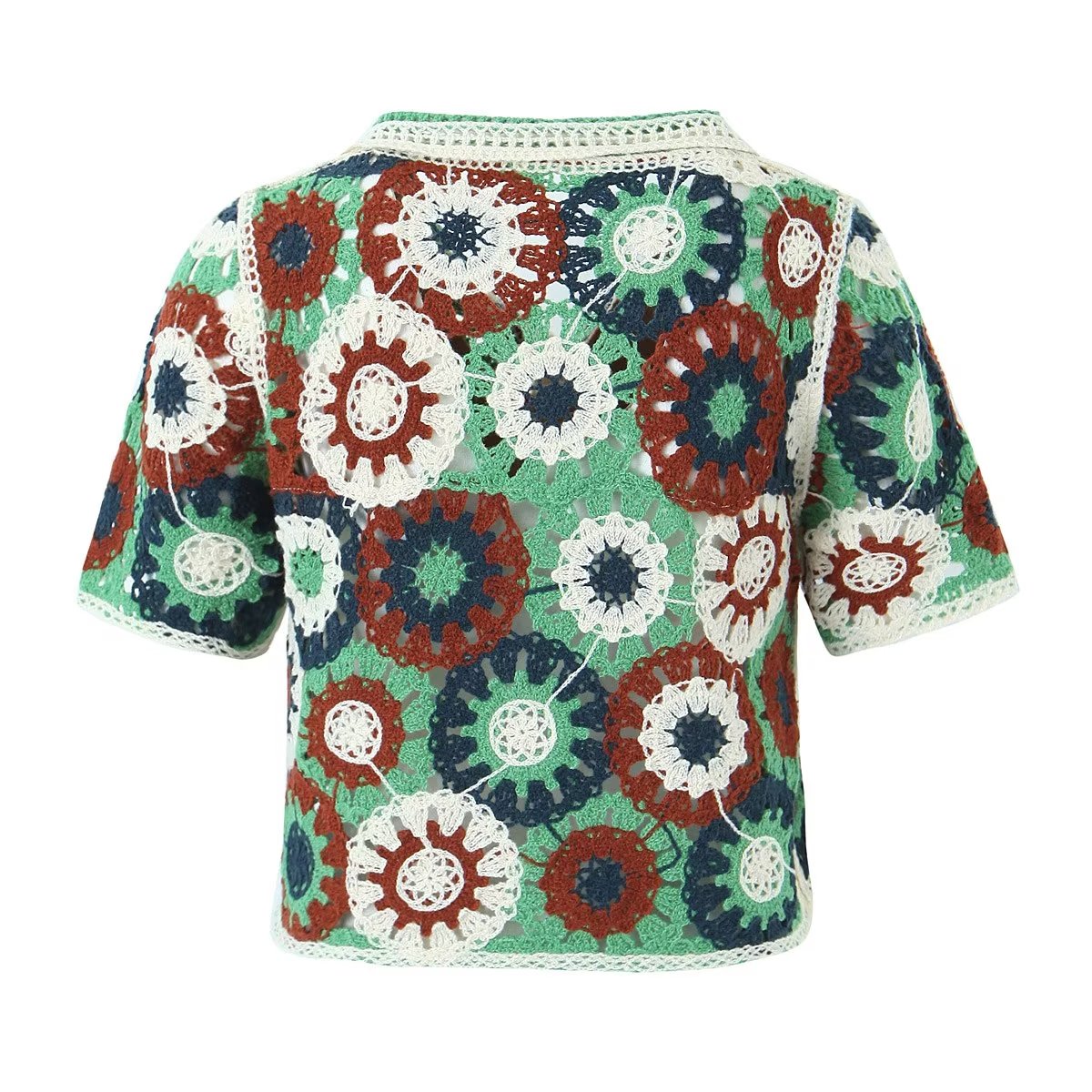Retro Lapels Crocheted Top Spring Women Clothing Years Contrast Color Breasted Short Sweater