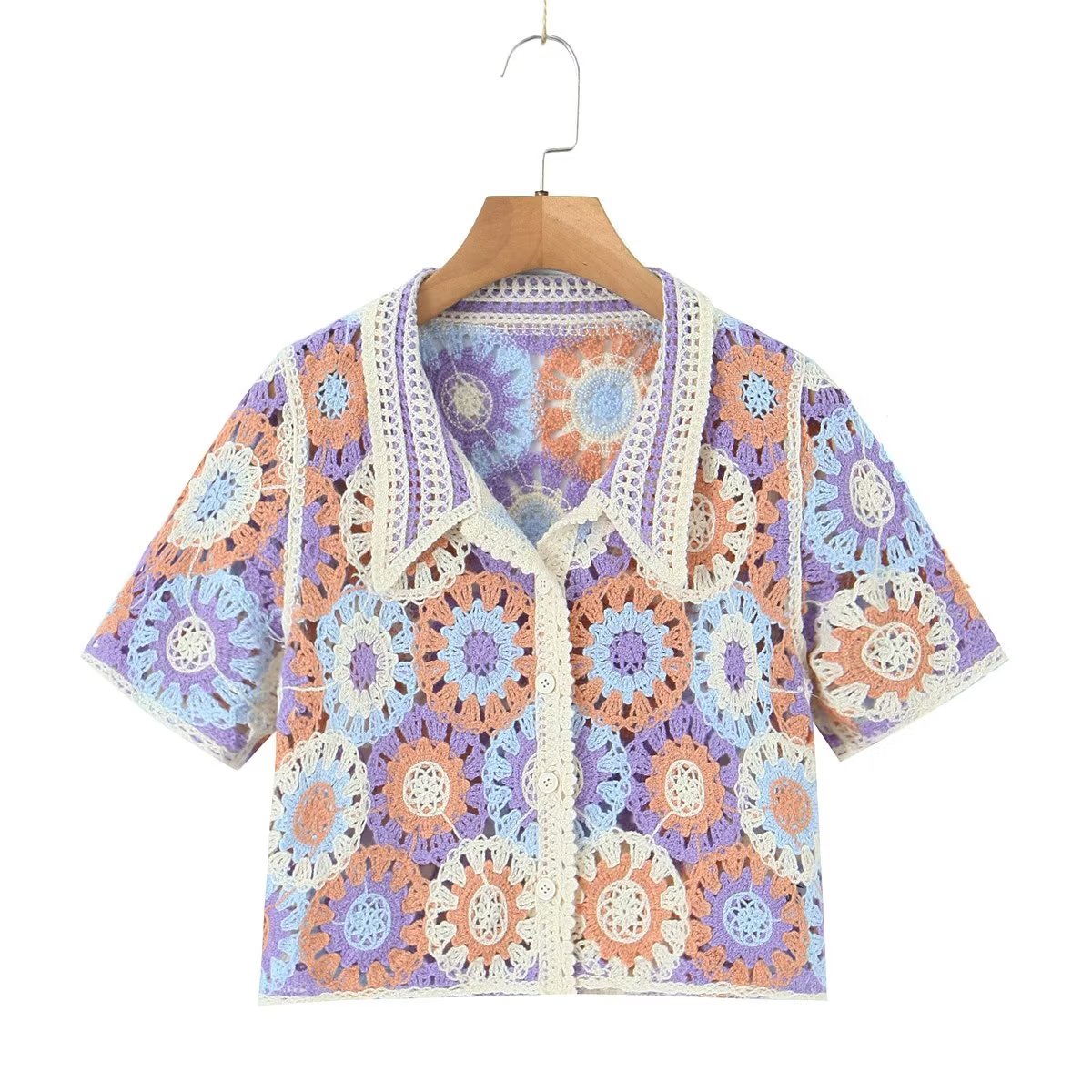 Retro Lapels Crocheted Top Spring Women Clothing Years Contrast Color Breasted Short Sweater Bella Mia