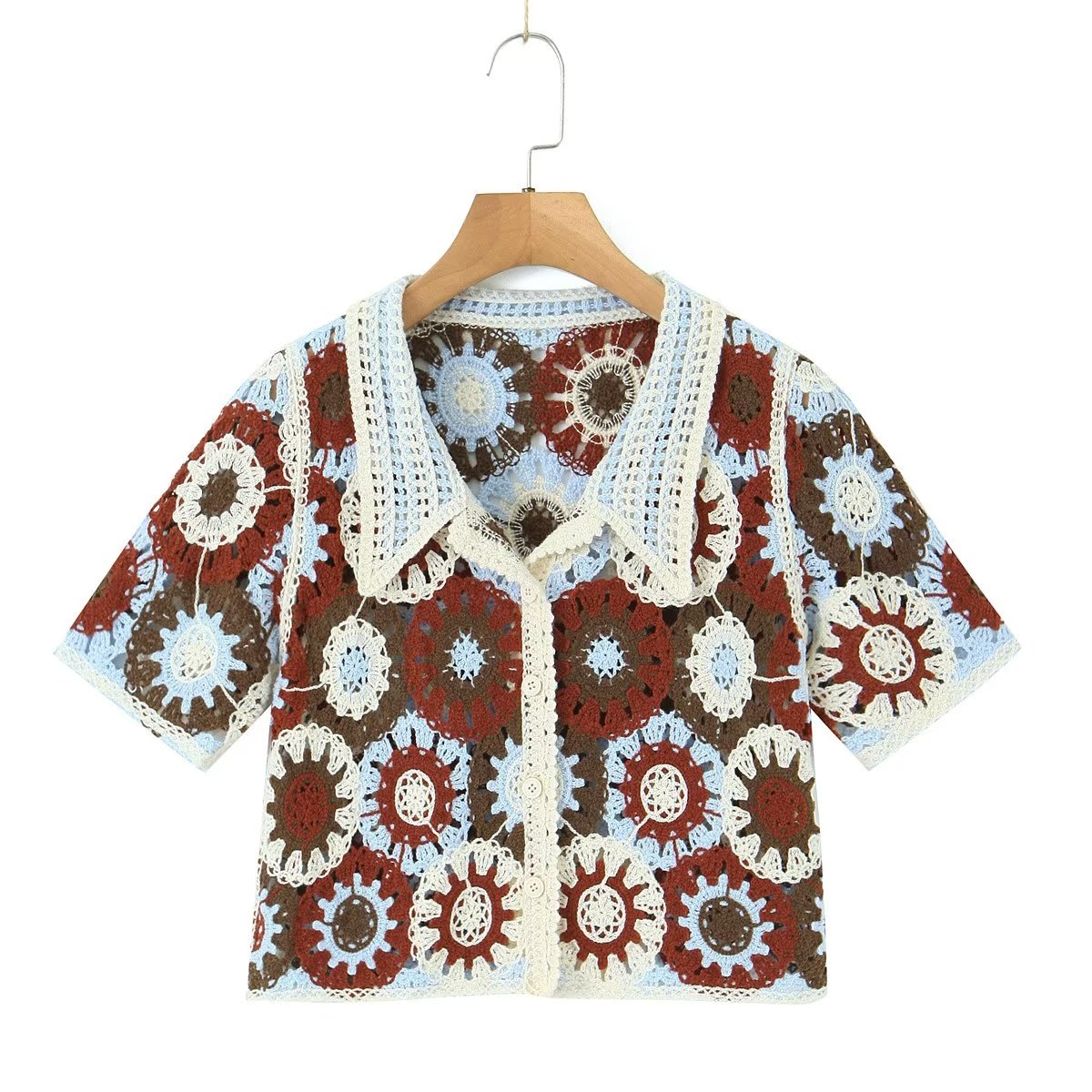 Retro Lapels Crocheted Top Spring Women Clothing Years Contrast Color Breasted Short Sweater Bella Mia