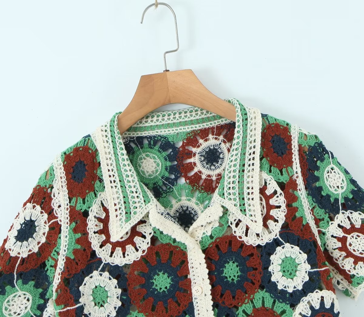 Retro Lapels Crocheted Top Spring Women Clothing Years Contrast Color Breasted Short Sweater Bella Mia