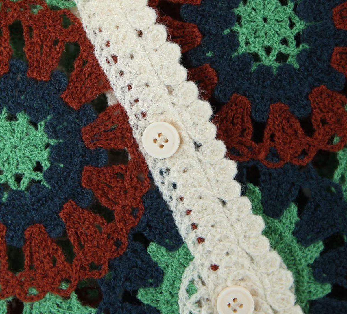 Retro Lapels Crocheted Top Spring Women Clothing Years Contrast Color Breasted Short Sweater Bella Mia