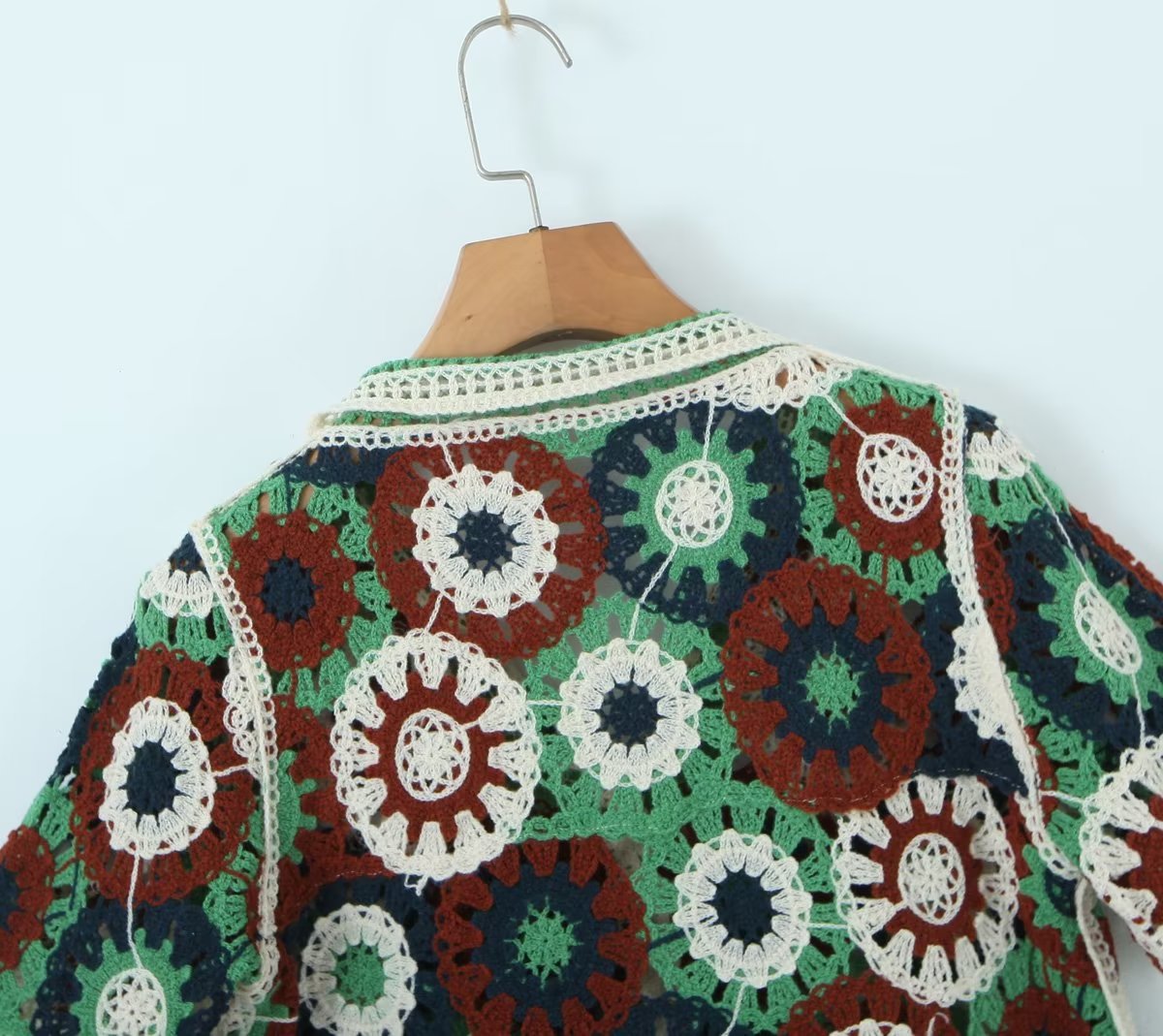 Retro Lapels Crocheted Top Spring Women Clothing Years Contrast Color Breasted Short Sweater Bella Mia