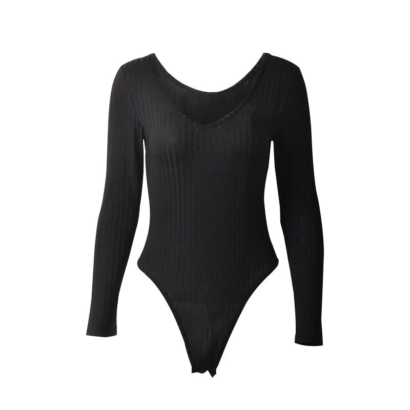 Tight Sexy Deep V neck Long Sleeve Sunken Stripe Bodysuit Autumn Winter Women Clothing