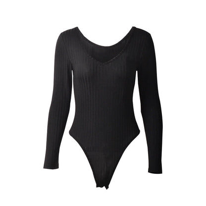 Tight Sexy Deep V neck Long Sleeve Sunken Stripe Bodysuit Autumn Winter Women Clothing