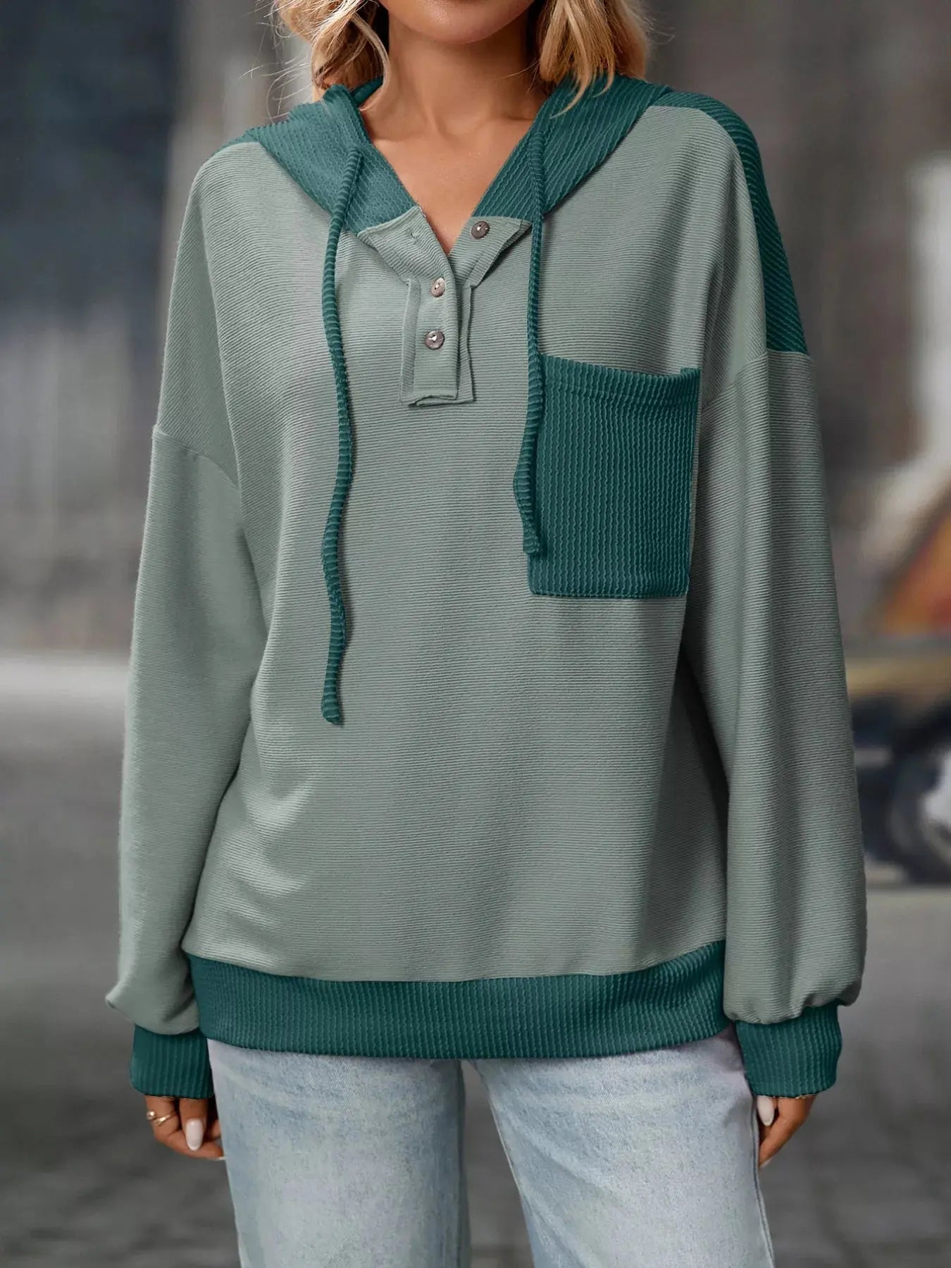 Casual Color Block Button Detail Hoodie Simply Love