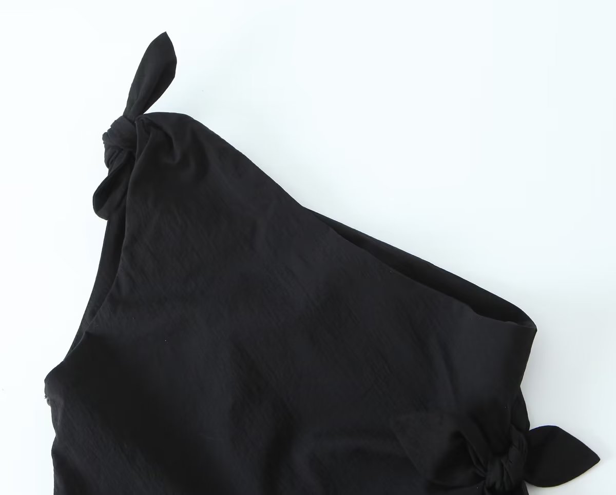 Summer French Black Dress One Shoulder Asymmetric Design A Line Bow Tie Short Dress Bella Mia