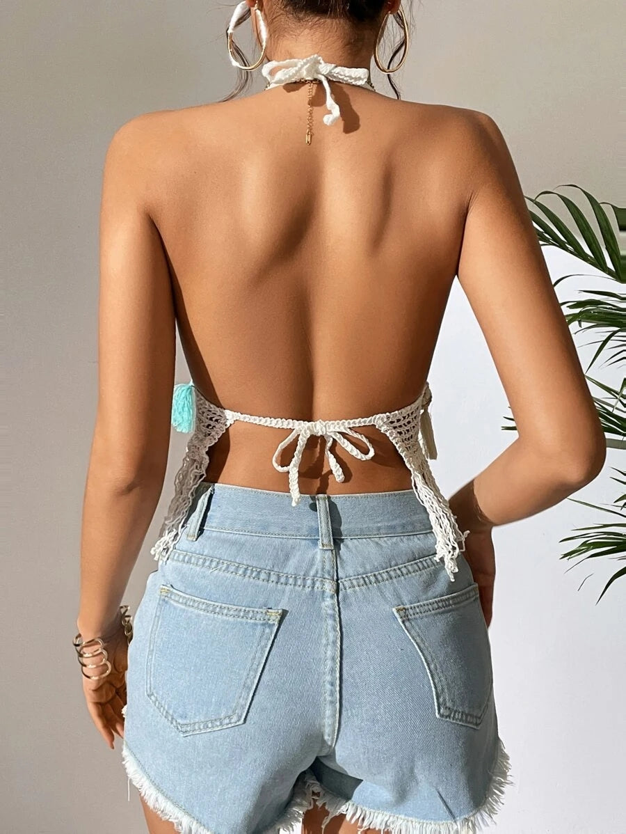 Women Summer Tassel Crocheted Hollow Sling Rear Strap Top Crochet hook Bella Mia