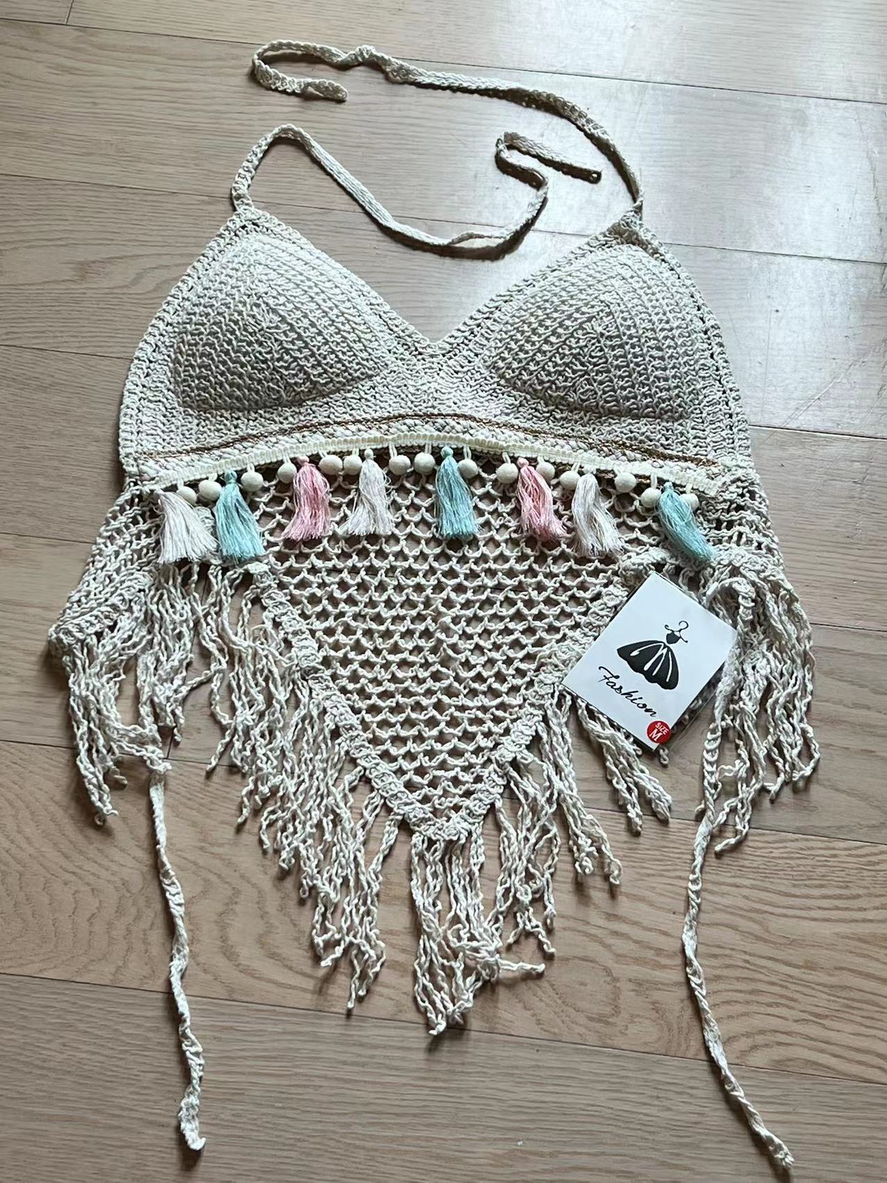Women Summer Tassel Crocheted Hollow Sling Rear Strap Top Crochet hook Bella Mia