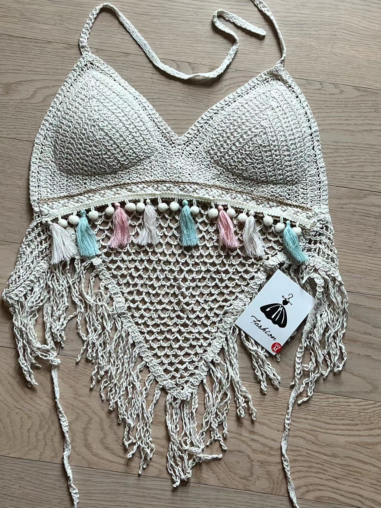 Women Summer Tassel Crocheted Hollow Sling Rear Strap Top Crochet hook Bella Mia