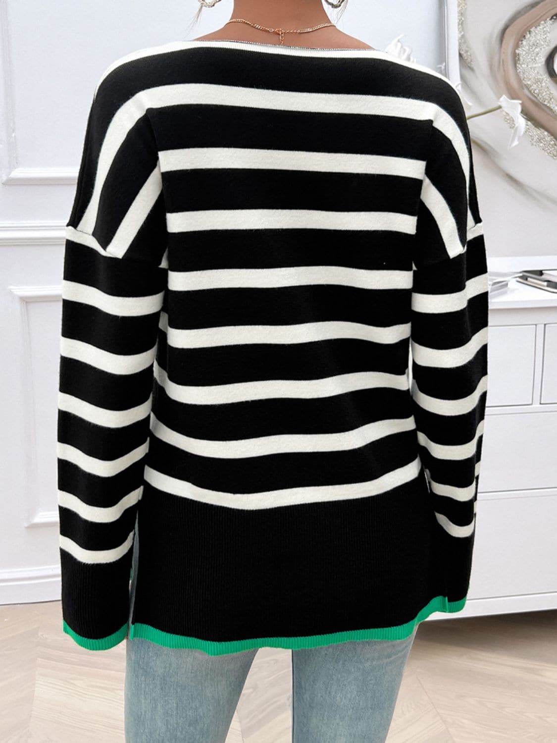 Striped V-Neck Long Sleeve Knit Top.