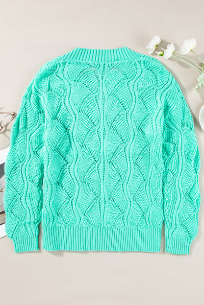 Chic mint green v-neck hollow-out knit sweater with drop shoulders