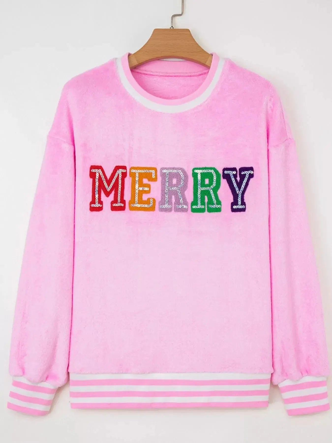 Sequin Chenille MERRY Graphic Plush Sweatshirt Simply Love