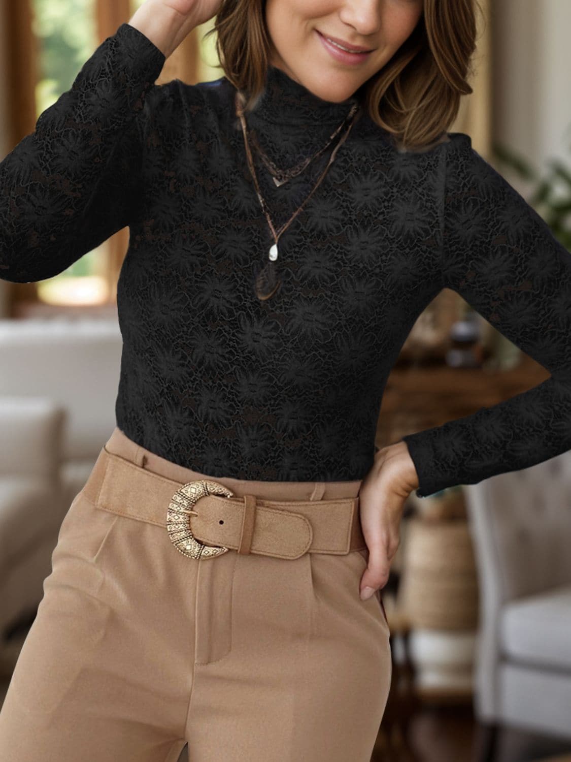 Lace Mock Neck Long Sleeve T-ShirtLace Mock Neck Long Sleeve T-Shirt

Elevate your wardrobe with the Lace Mock Neck Long Sleeve T-Shirt, a perfect blend of elegance and comfort.

Features


 
Lace ShLove Salve Lace Mock Neck Long SleeveT-Shirts