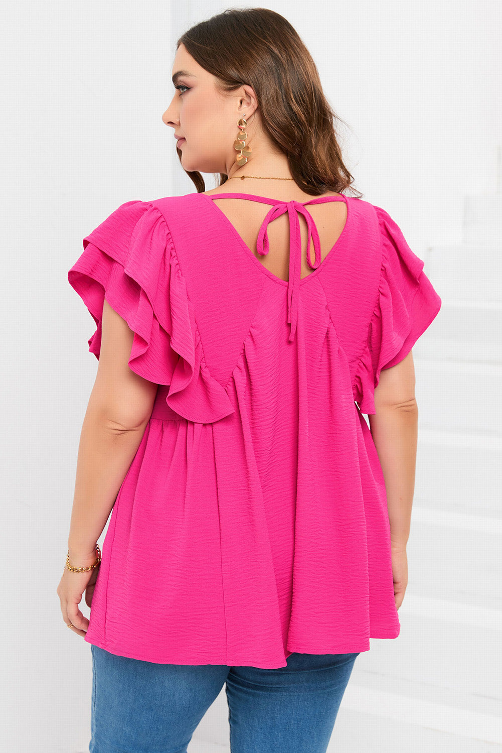 Chic plus size ruffle v-neck tunic with tie-back detail