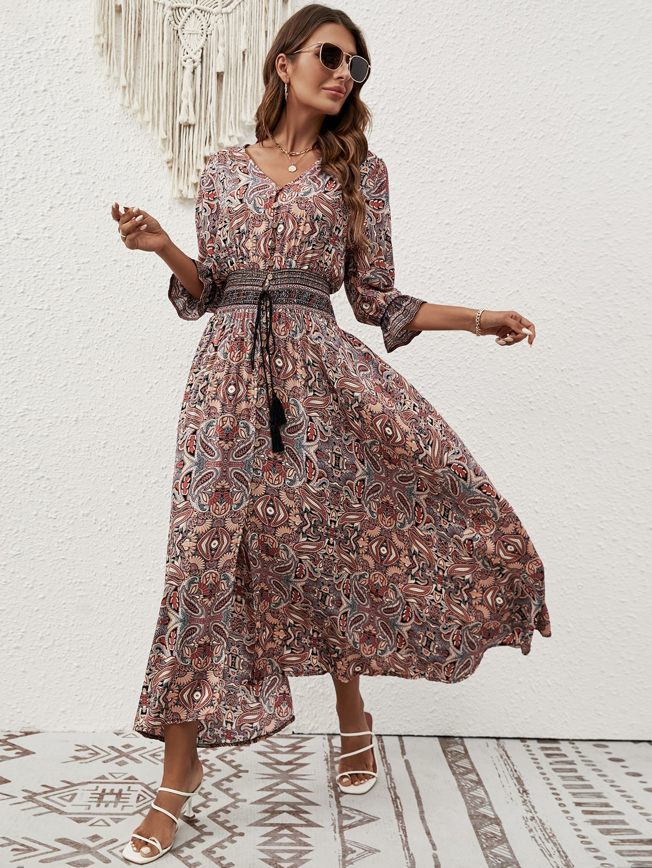 Women Summer New Arrival Cotton Positioning Printed Seven Sleeve Belted Bohemian Dress Travel Vacation Buckle Beach Dress Bella Mia