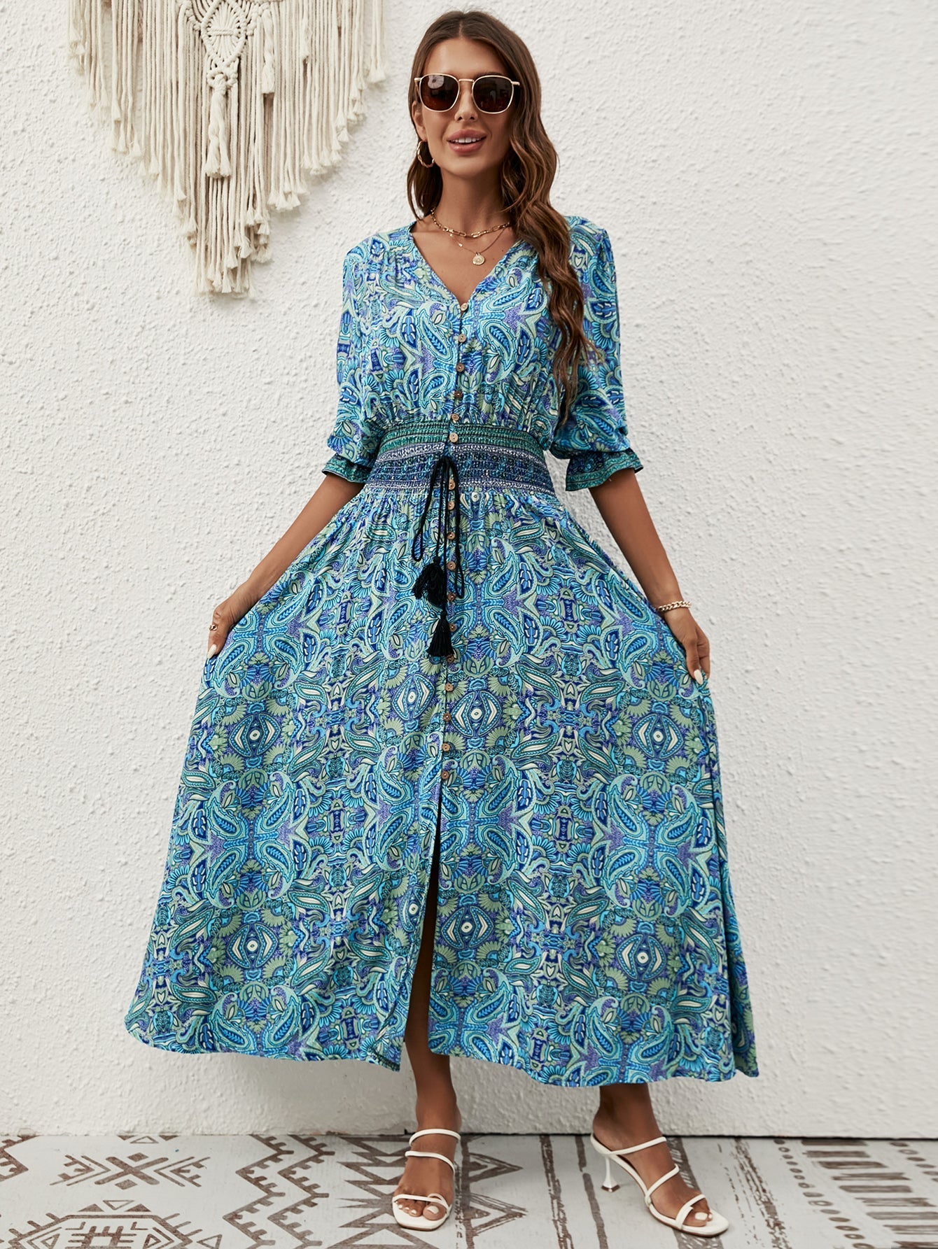 Women Summer New Arrival Cotton Positioning Printed Seven Sleeve Belted Bohemian Dress Travel Vacation Buckle Beach Dress Bella Mia