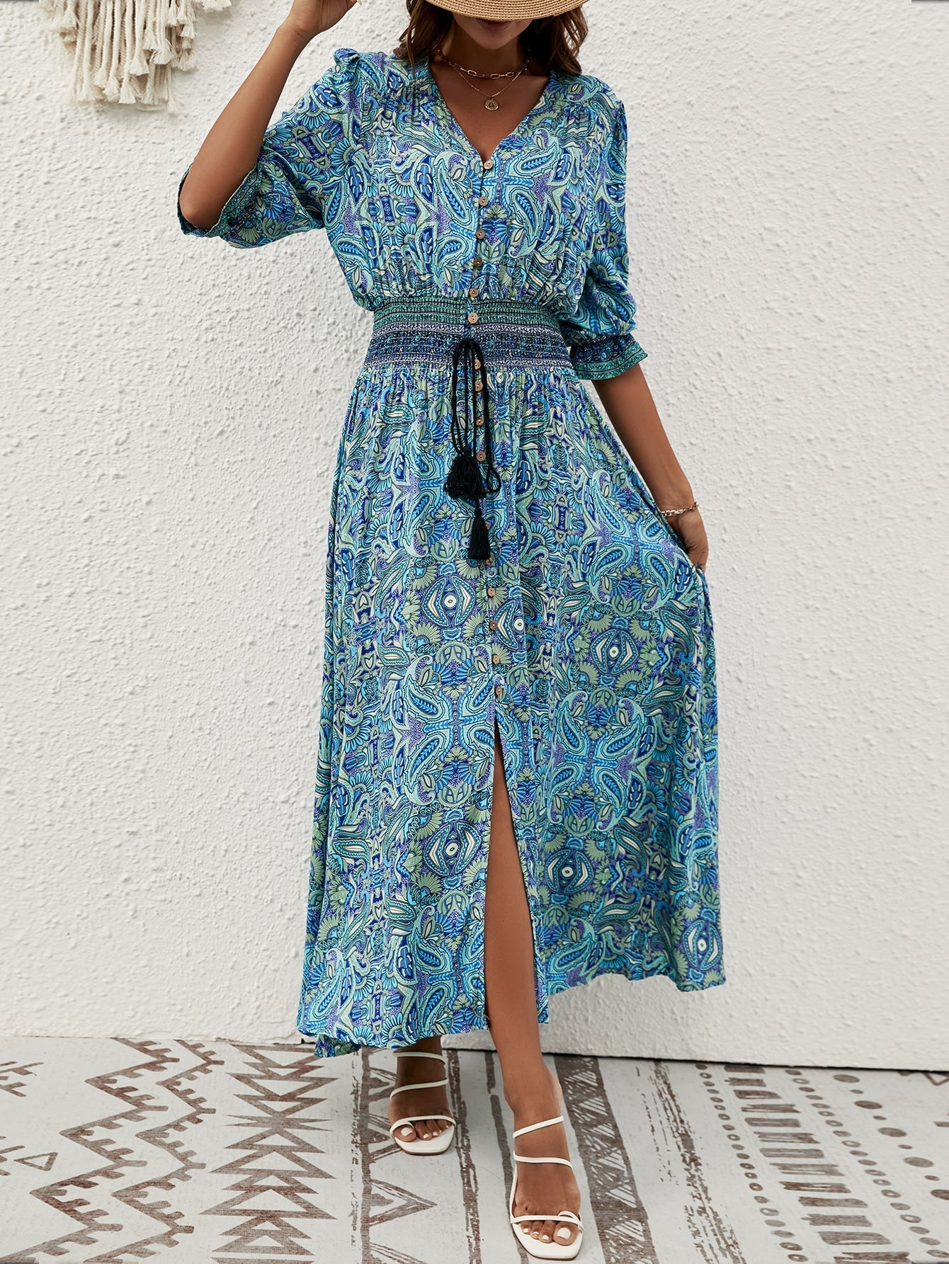 Women Summer New Arrival Cotton Positioning Printed Seven Sleeve Belted Bohemian Dress Travel Vacation Buckle Beach Dress Bella Mia
