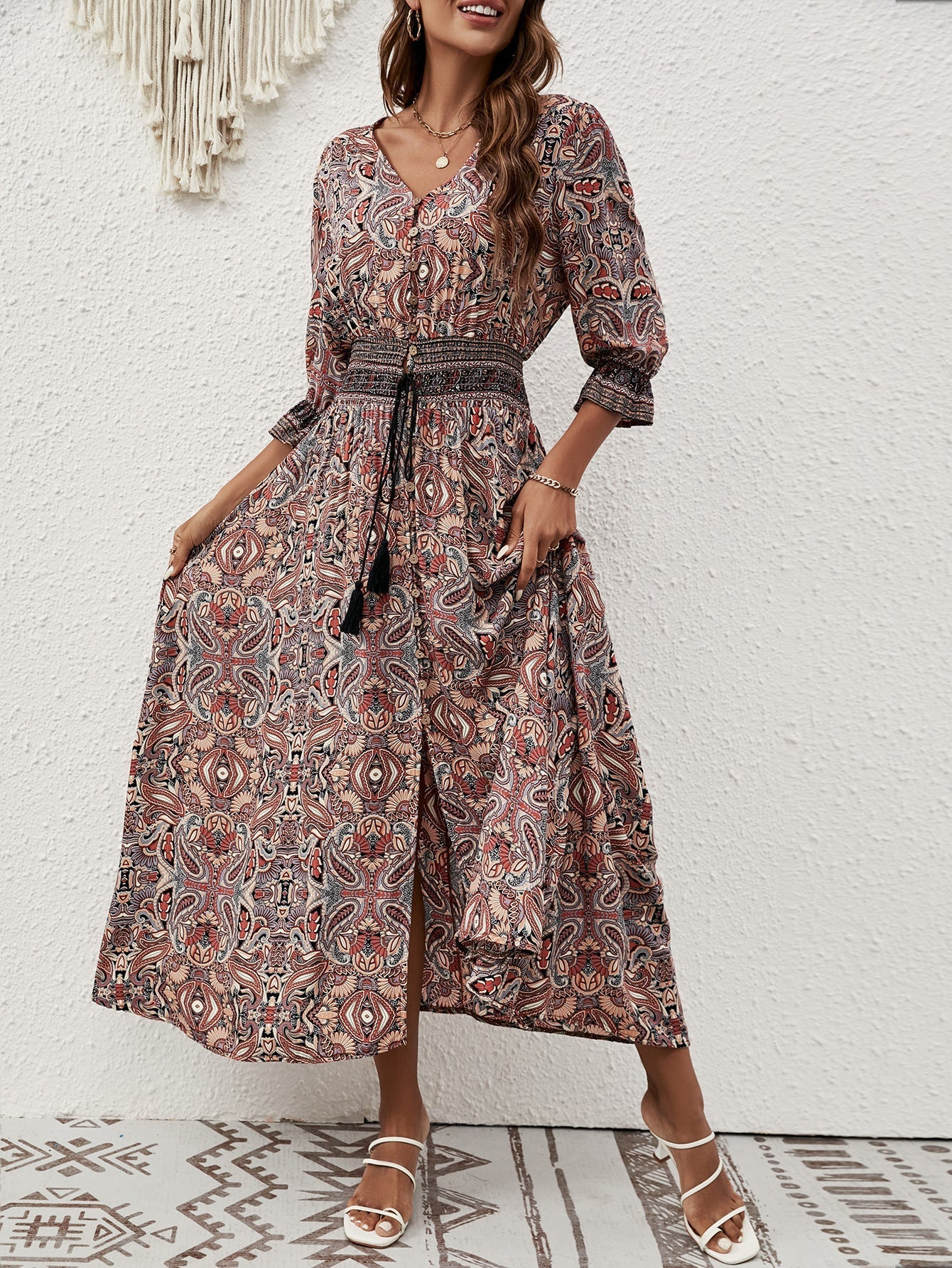 Women Summer New Arrival Cotton Positioning Printed Seven Sleeve Belted Bohemian Dress Travel Vacation Buckle Beach Dress Bella Mia