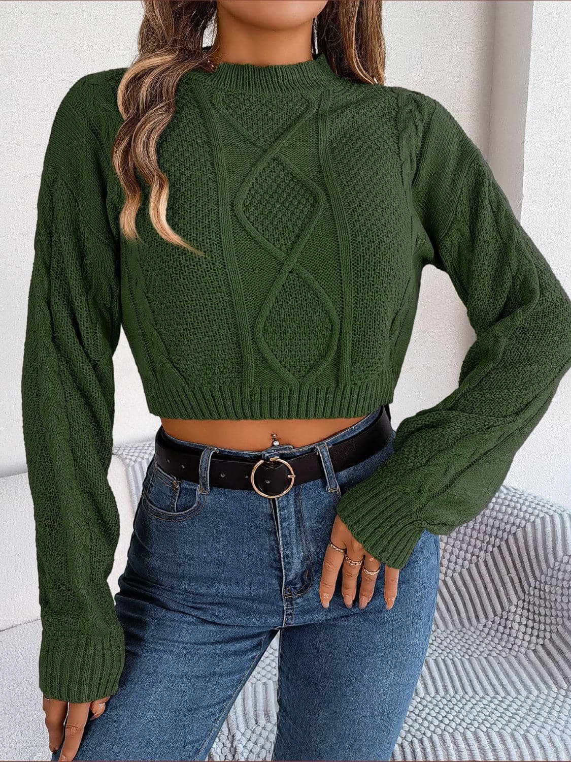 Cable-Knit Round Neck Cropped Sweater.