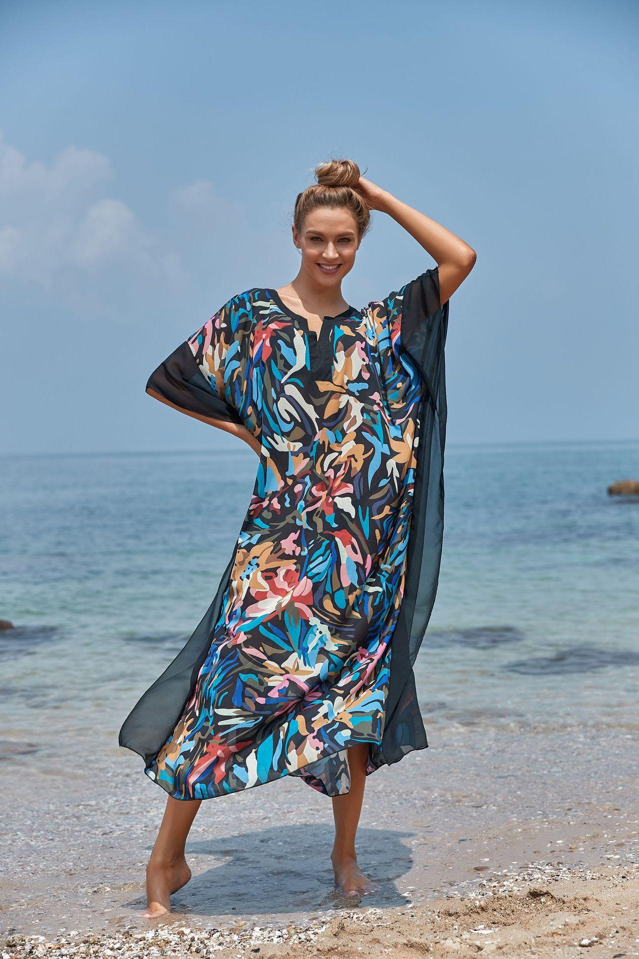 Wrinkle Solid Color Edge Robe Loose Dress Beach Sun Protection Clothing Swimsuit Bikini Cover Up Blouse Bella Mia