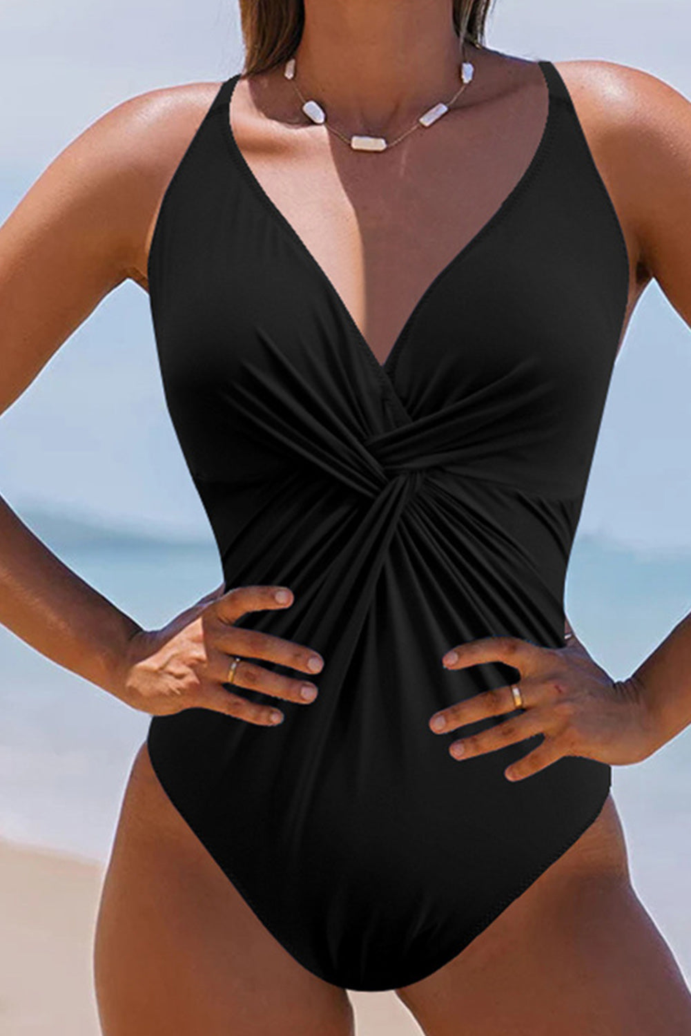 Elegant Black Backless V Neck Ruched One-Piece Swimsuit