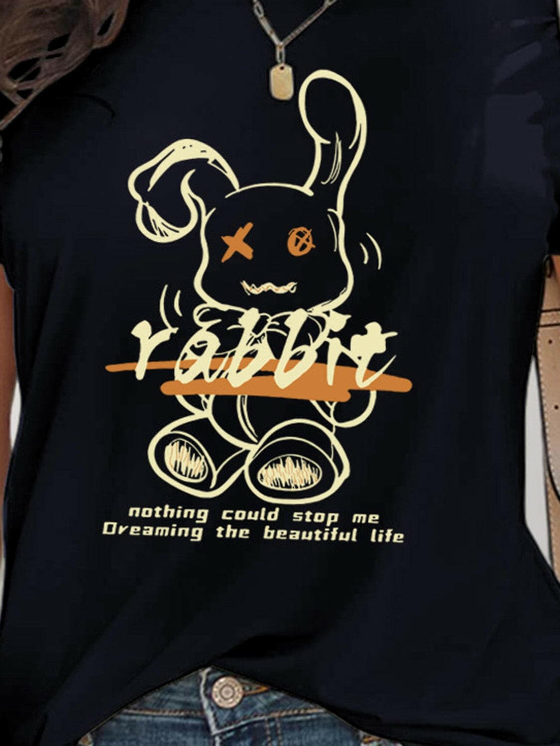 Rabbit Graphic Round Neck Short Sleeve T-Shirt.