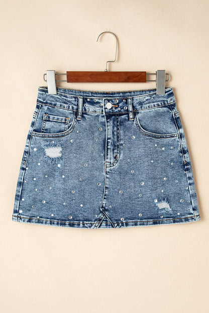 Dusk Blue Distressed Denim Mini Skirt with Rhinestone Accents