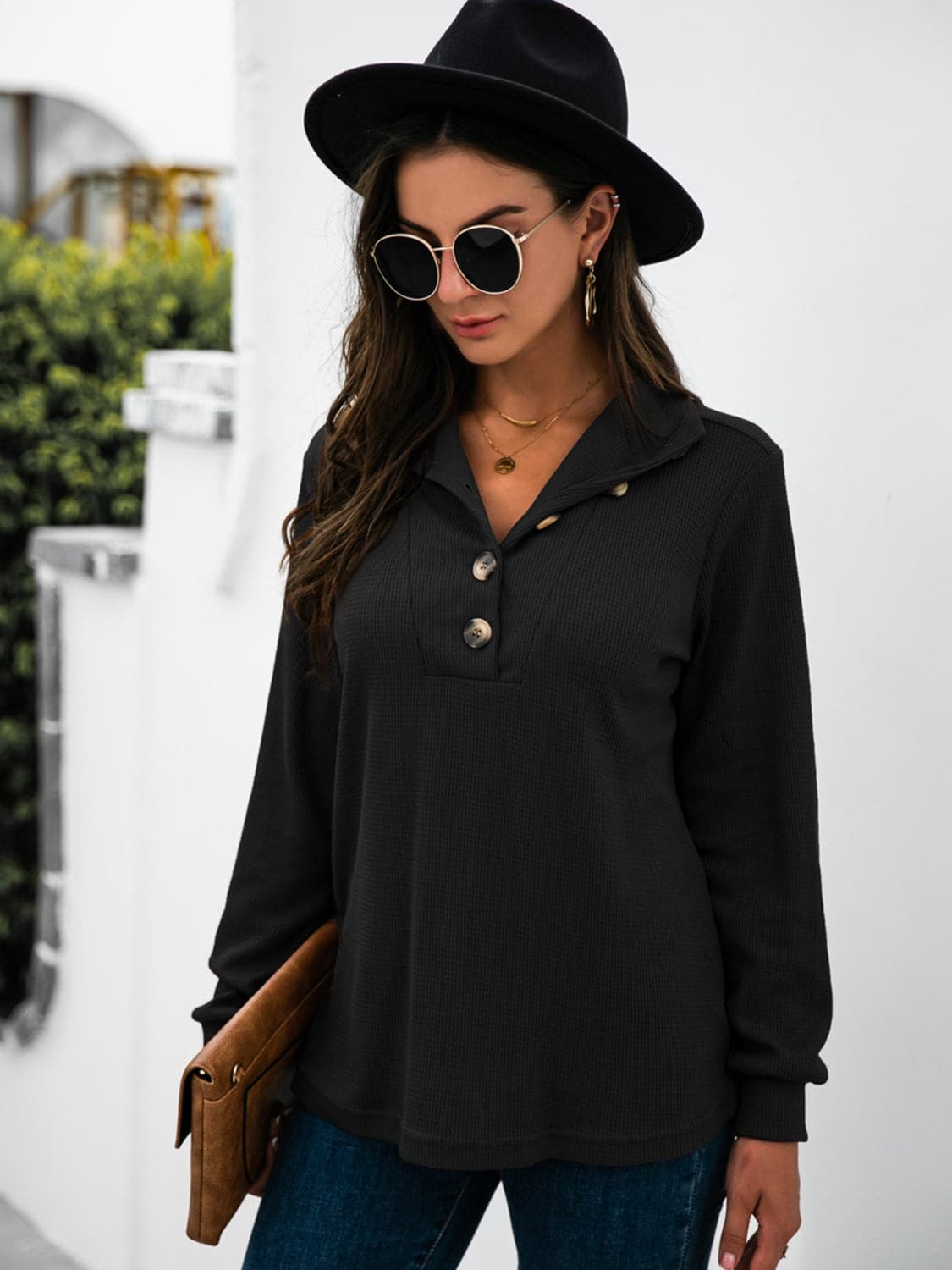 Chic half button long sleeve top