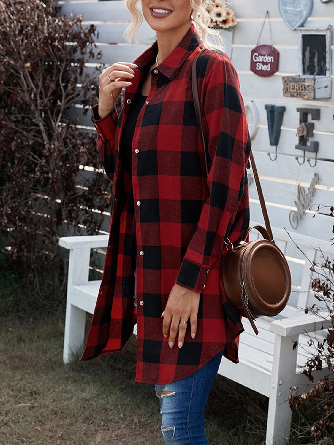 Plaid Snap Down Long Sleeve Jacket.