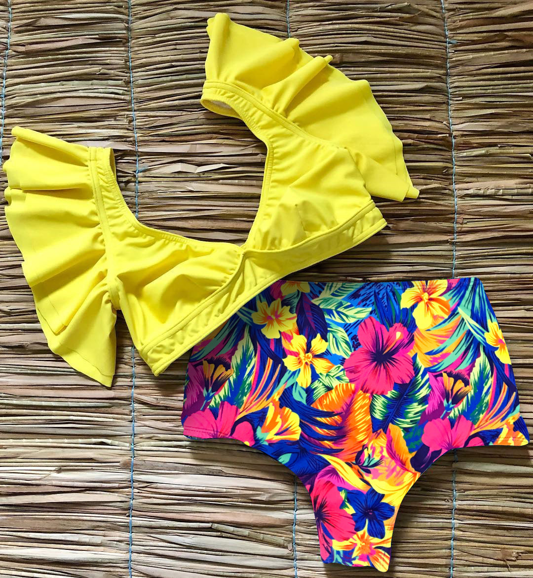 Floral Vintage High Waist Swimsuit Bikini Sexy Flounce Vest Deep V Plunge Plunge Swimsuit Bella Mia